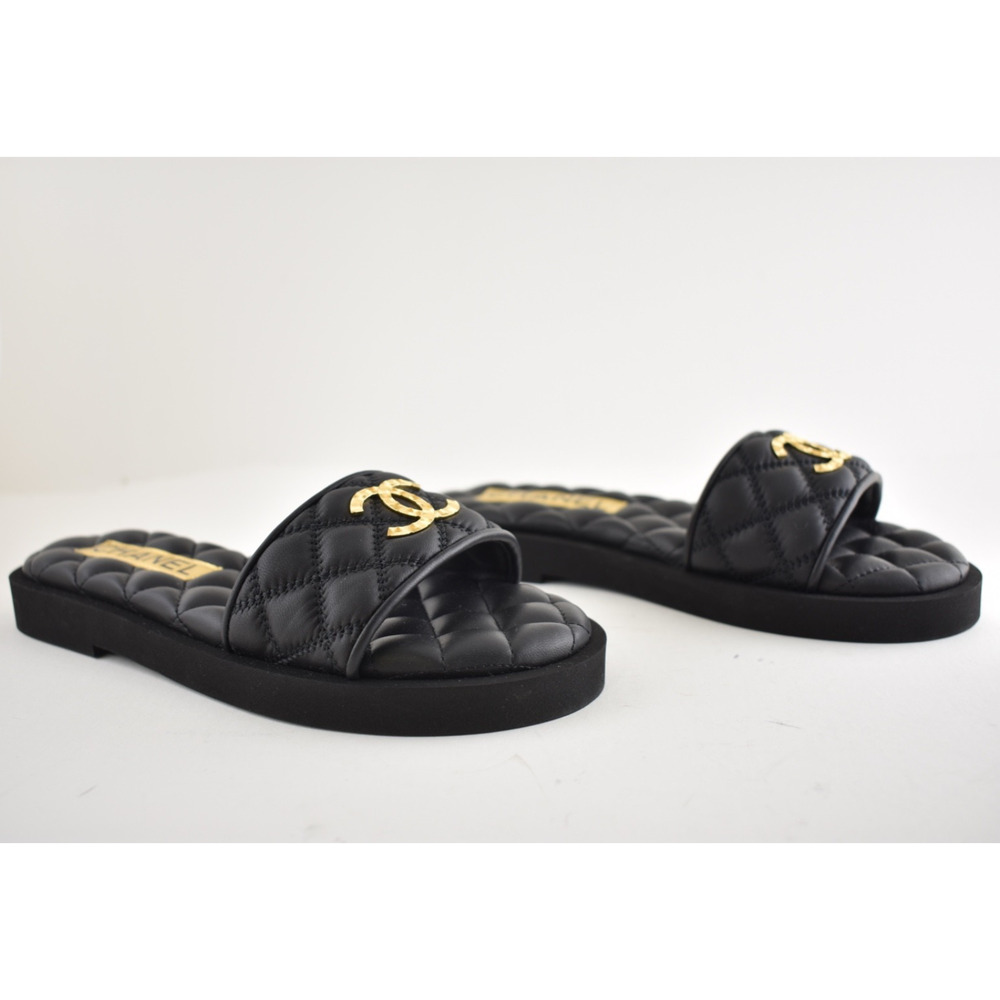 Chanel REV Black Quilted Leather Gold Logo Mule Slide Sandal Flip Flop Flat 35 - Picture 4 of 16
